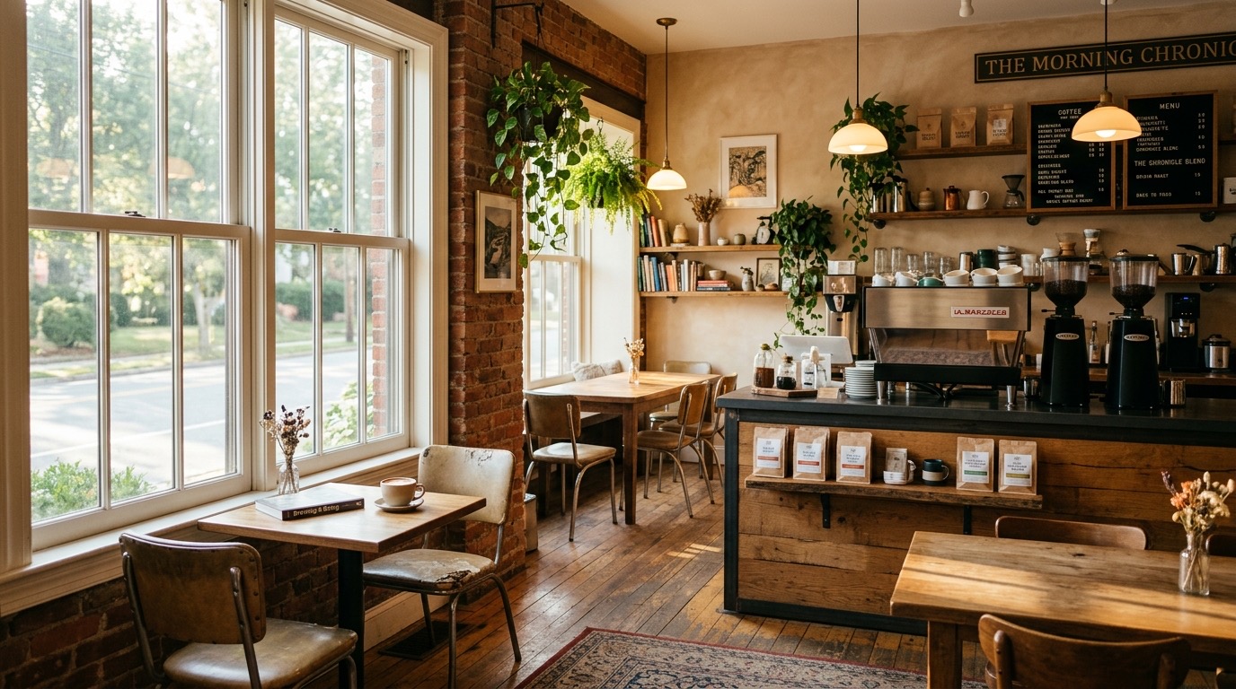 AI-generated hero image: a cozy specialty coffee shop interior in warm morning light, 16:9