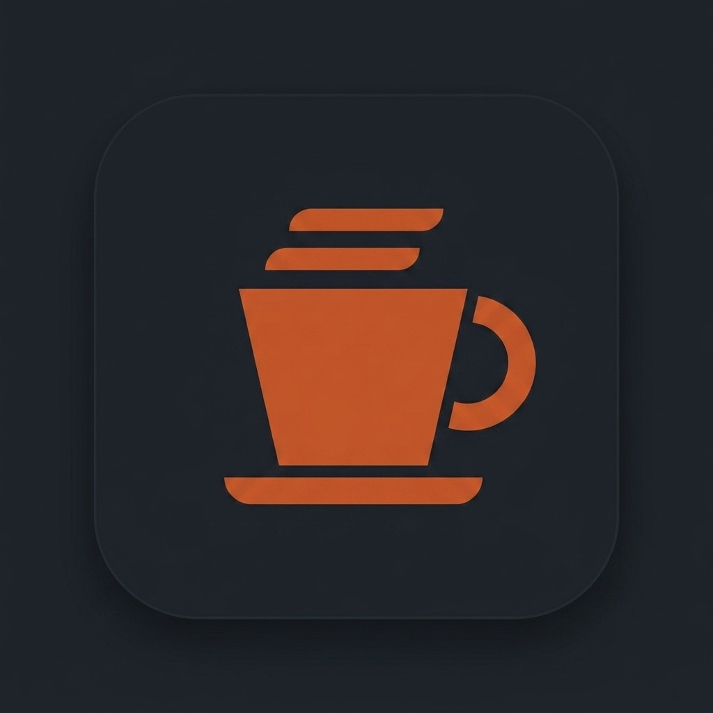 AI-generated coffee-cup app icon — cream background in light mode, dark charcoal in dark mode, generated and edited by ScreenBook