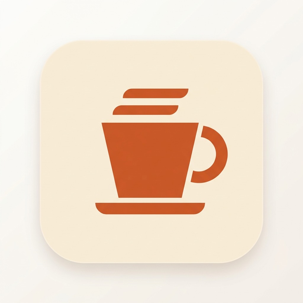 AI-generated coffee-cup app icon — cream background in light mode, dark charcoal in dark mode, generated and edited by ScreenBook
